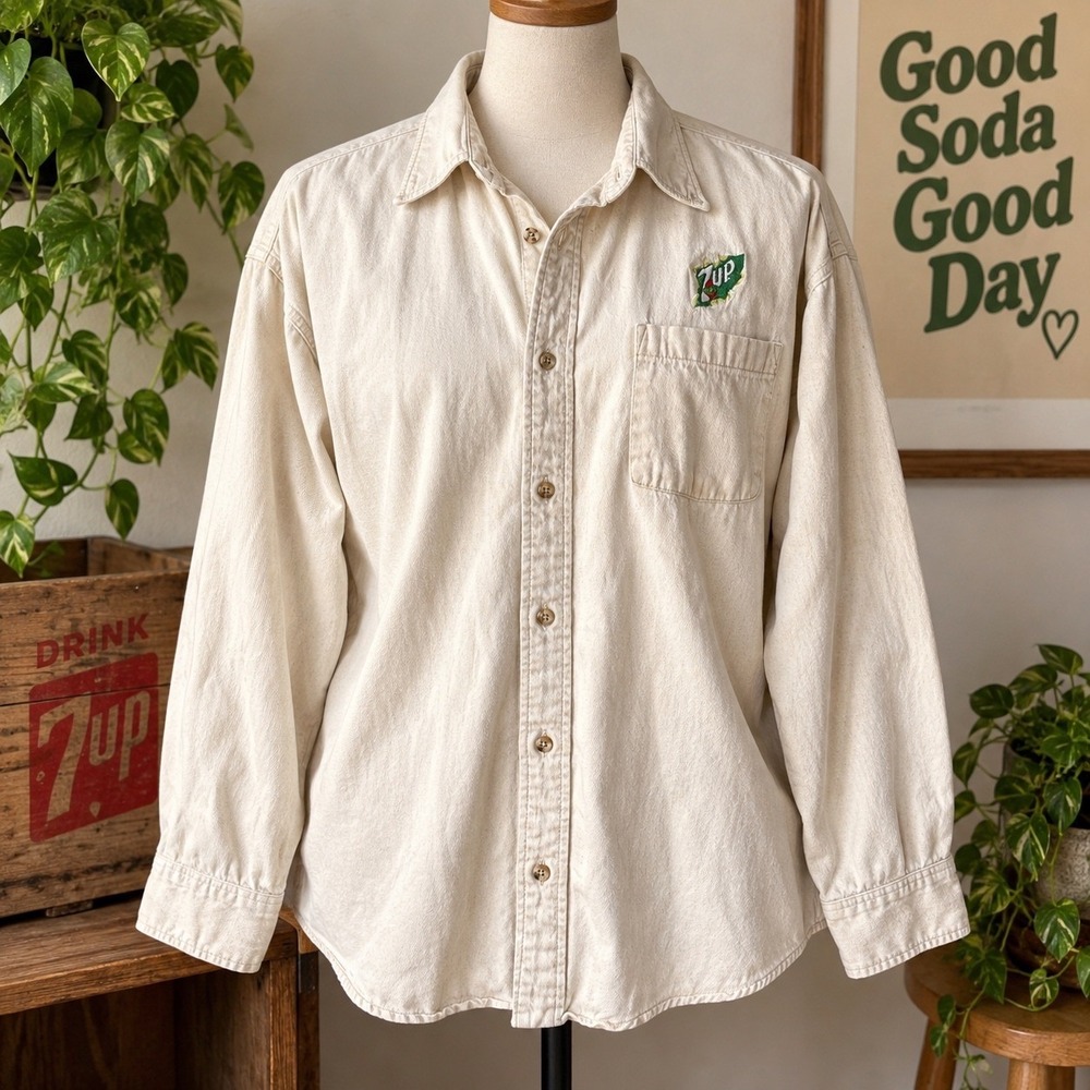 Crystal Springs 7Up Cool Spot Cotton Twill Button Down Shirt XXL Cream Vintage